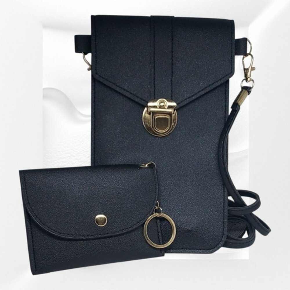Crossbody Bag/Pouch and Wallet/ Keychain Set with Gold Accents~Black